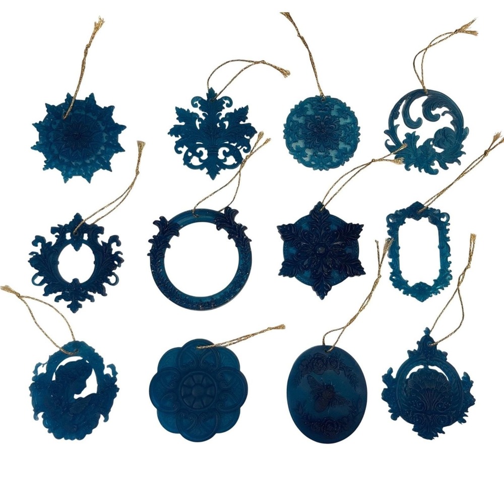 12pc Handmade Dark Blue Baroque European Resin Christmas Tree Ornament Set NEW